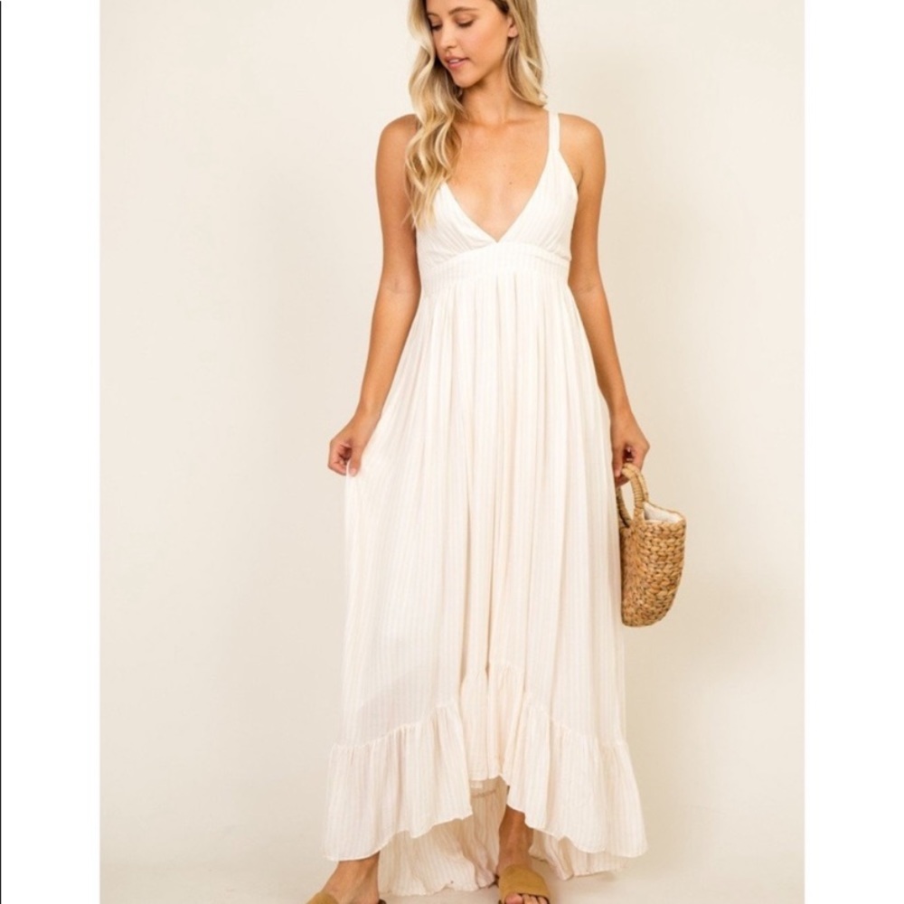 Olivaeous blush and white striped maxi dress